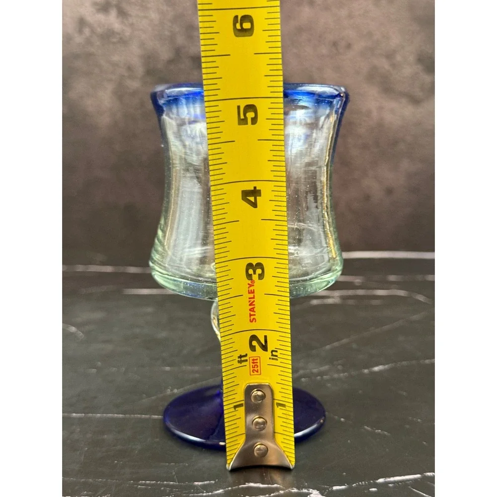 Mexican Hurricane Glass Hand Blown Cobalt Blue Stem and Rim 5 1/8in